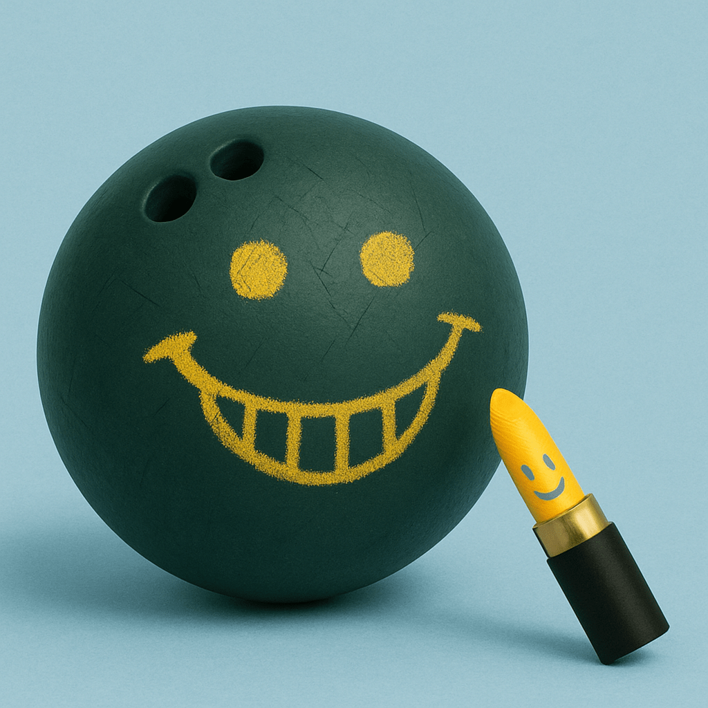 "Een lippenstift die net een gezicht op een bowlingbal heeft gekrabbeld en nu ligt te grijnzen." GenAI beeld geïnspireerd door de post van Simon van Rhee. Contrast in marketing voor slimme differentiatie.